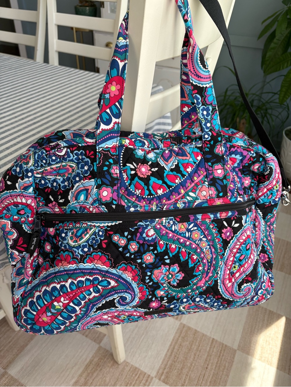 Vera Bradley Patterned Quilted Travel Tote Bag - Black with Pink & Teal Paisley